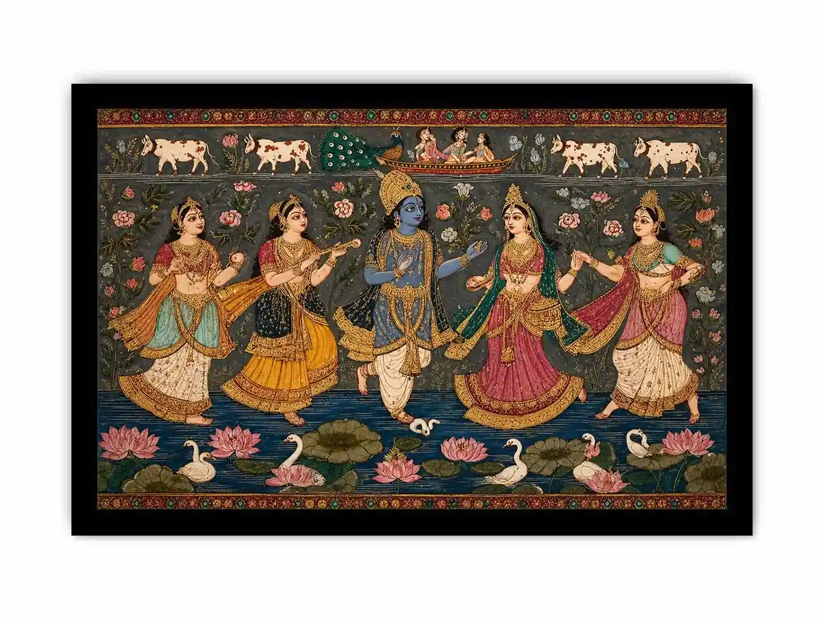 Indian miniature Krishna Raas Leela painting with gopis dancing, lotus pond, traditional spiritual wall art canvas for home decor