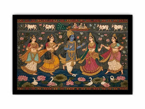 Indian miniature Krishna Raas Leela painting with gopis dancing, lotus pond, traditional spiritual wall art canvas for home decor