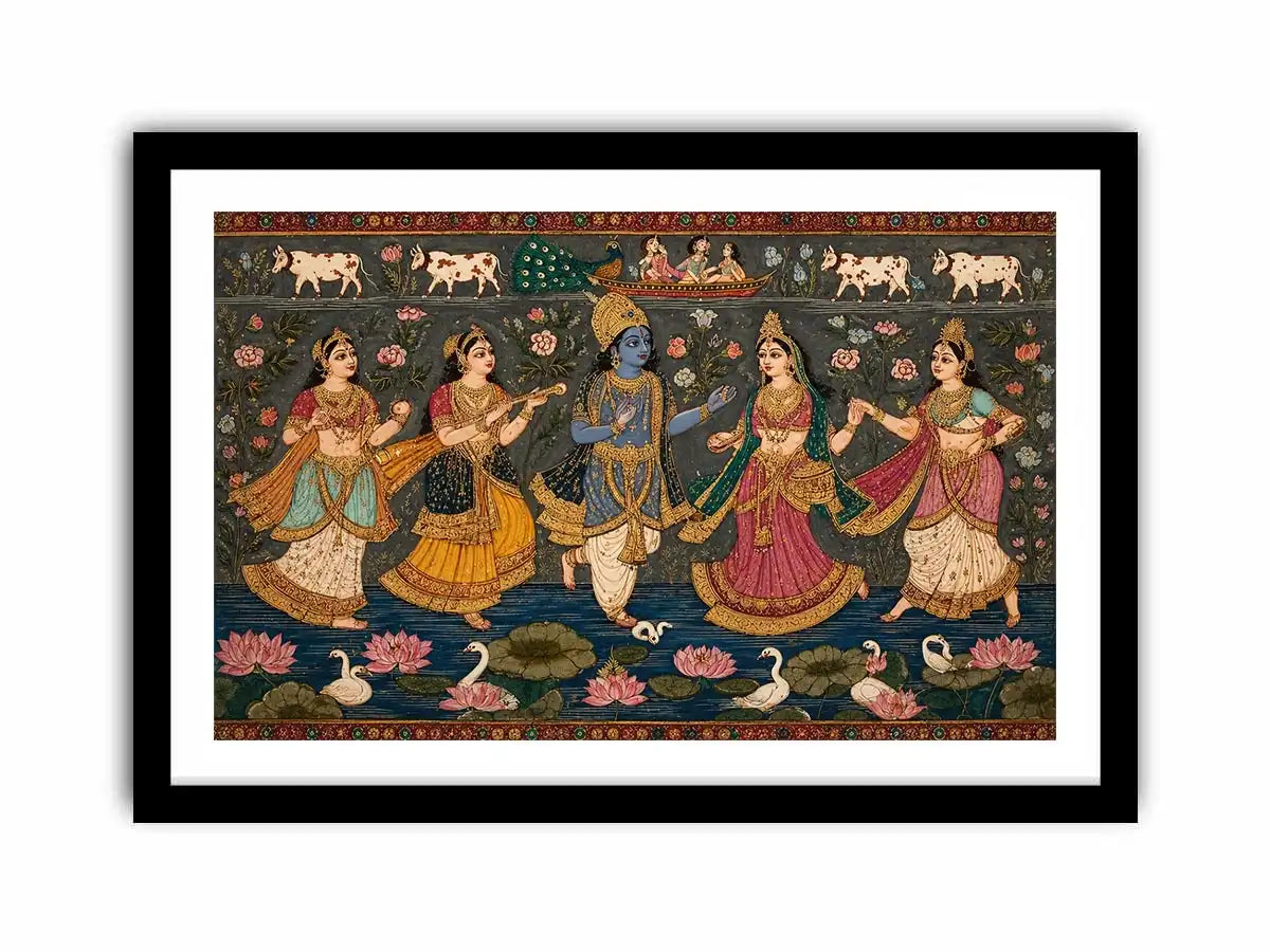 Indian miniature Krishna Raas Leela painting with gopis dancing, lotus pond, traditional spiritual wall art canvas for home decor
