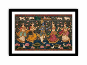 Indian miniature Krishna Raas Leela painting with gopis dancing, lotus pond, traditional spiritual wall art canvas for home decor