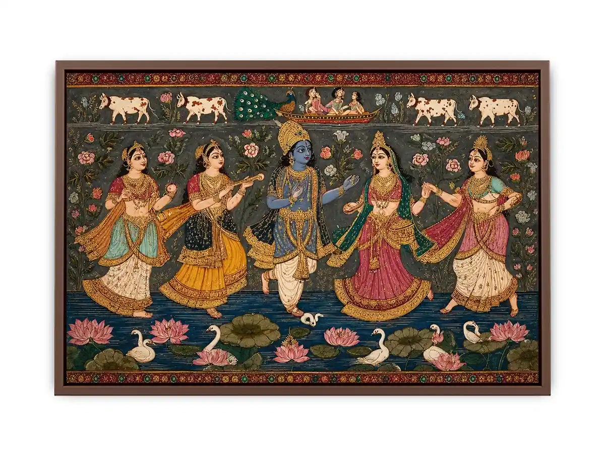 Indian miniature Krishna Raas Leela painting with gopis dancing, lotus pond, traditional spiritual wall art canvas for home decor