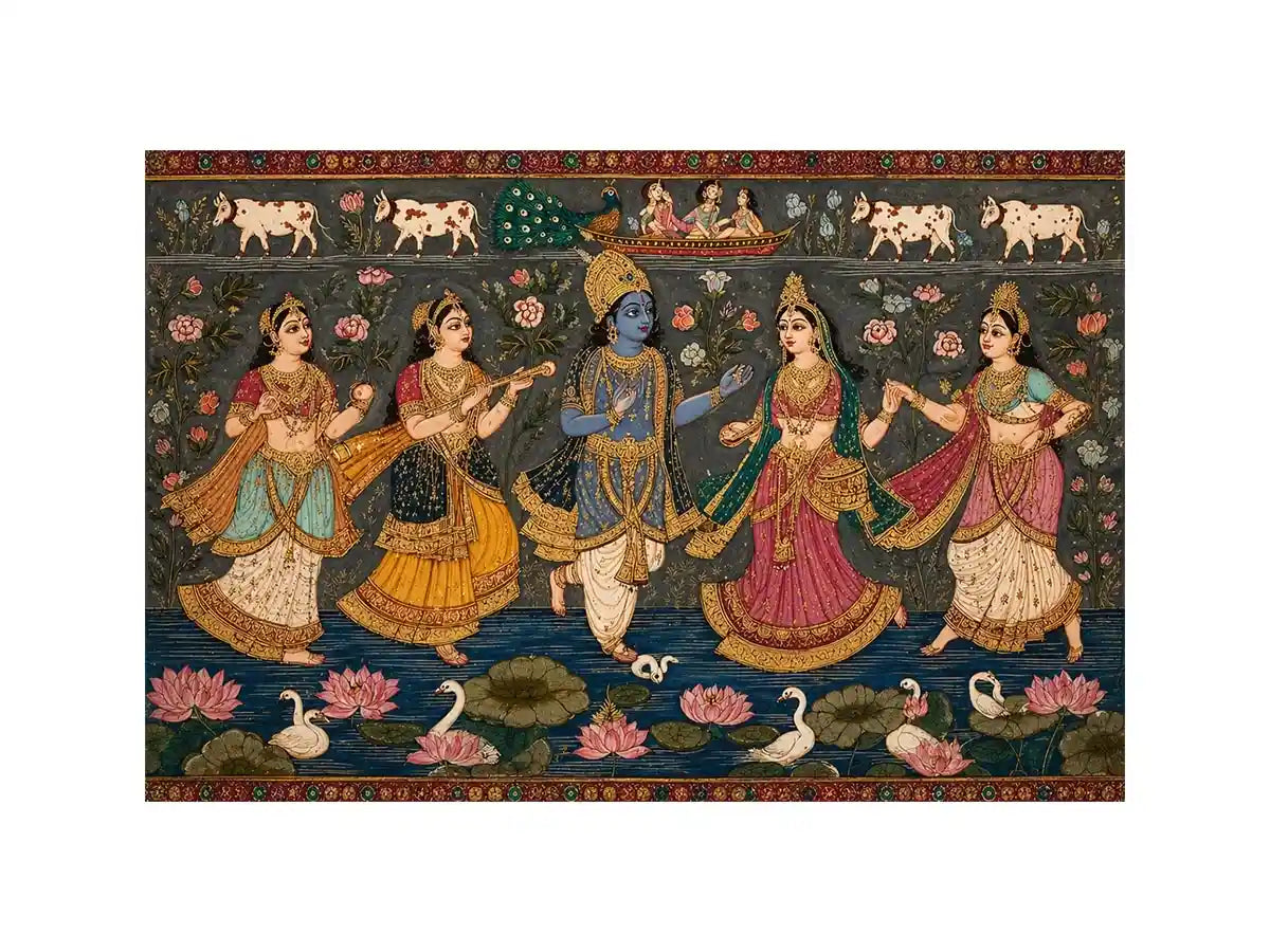 Indian miniature Krishna Raas Leela painting with gopis dancing, lotus pond, traditional spiritual wall art canvas for home decor