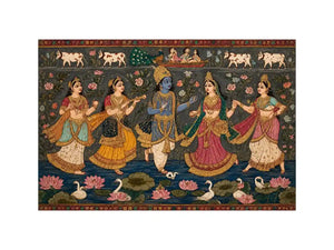 Indian miniature Krishna Raas Leela painting with gopis dancing, lotus pond, traditional spiritual wall art canvas for home decor