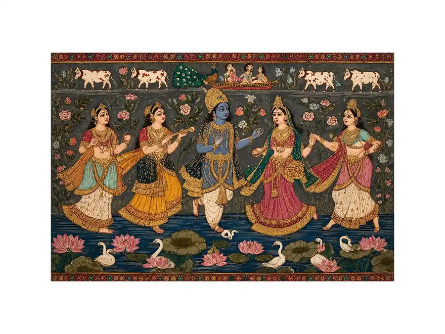 Indian miniature Krishna Raas Leela painting with gopis dancing, lotus pond, traditional spiritual wall art canvas for home decor