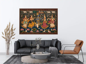Indian miniature Krishna Raas Leela painting with gopis dancing, lotus pond, traditional spiritual wall art canvas for home decor