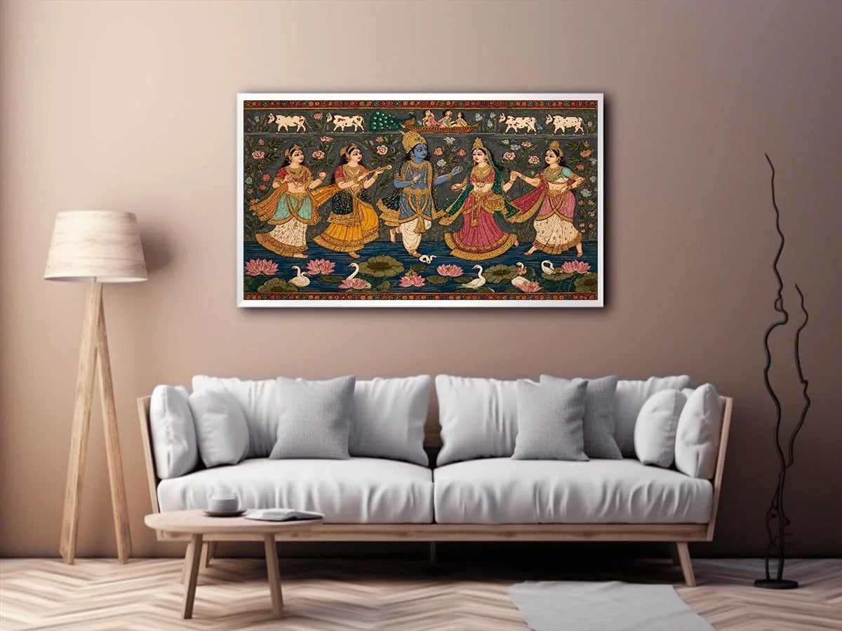 Indian miniature Krishna Raas Leela painting with gopis dancing, lotus pond, traditional spiritual wall art canvas for home decor