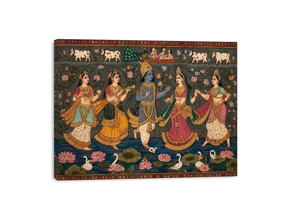 Indian miniature Krishna Raas Leela painting with gopis dancing, lotus pond, traditional spiritual wall art canvas for home decor