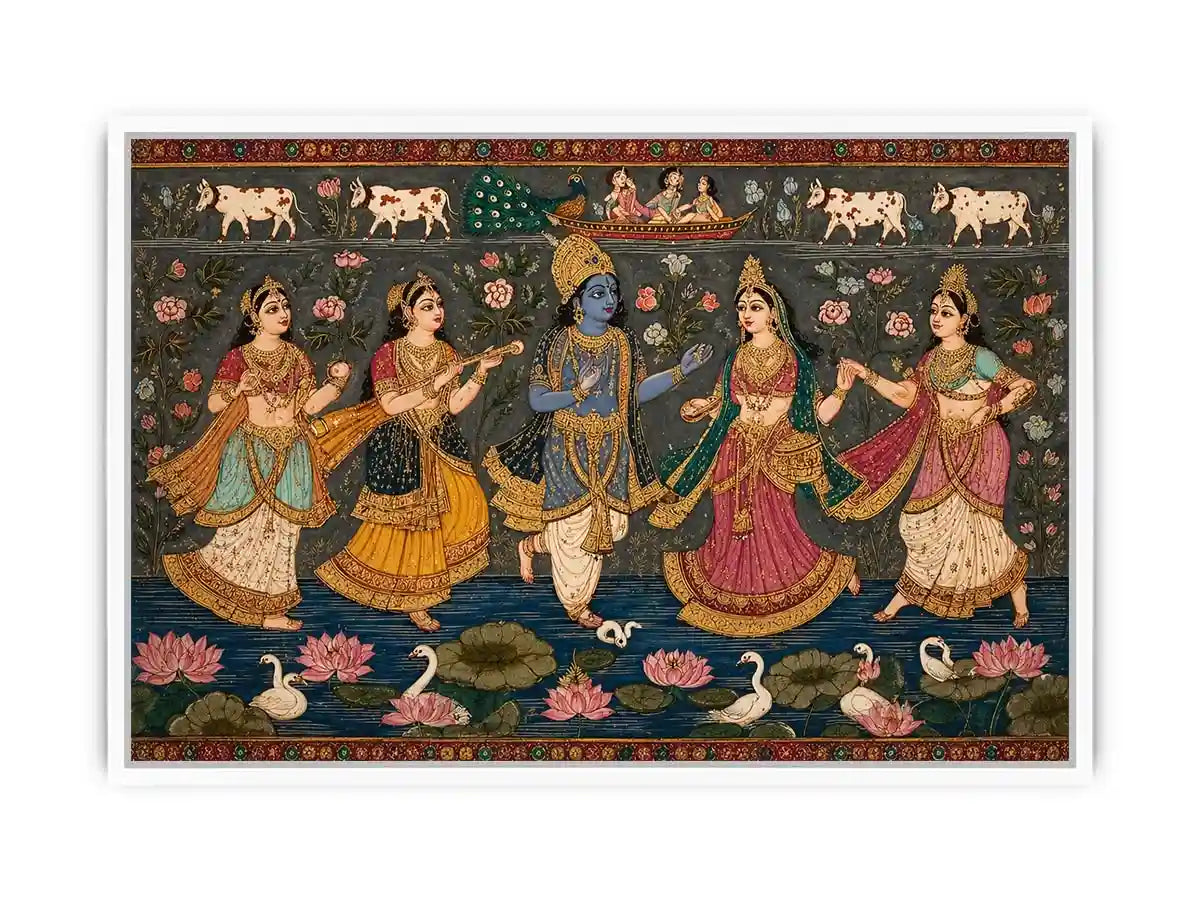 Indian miniature Krishna Raas Leela painting with gopis dancing, lotus pond, traditional spiritual wall art canvas for home decor