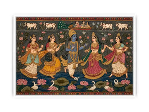 Indian miniature Krishna Raas Leela painting with gopis dancing, lotus pond, traditional spiritual wall art canvas for home decor