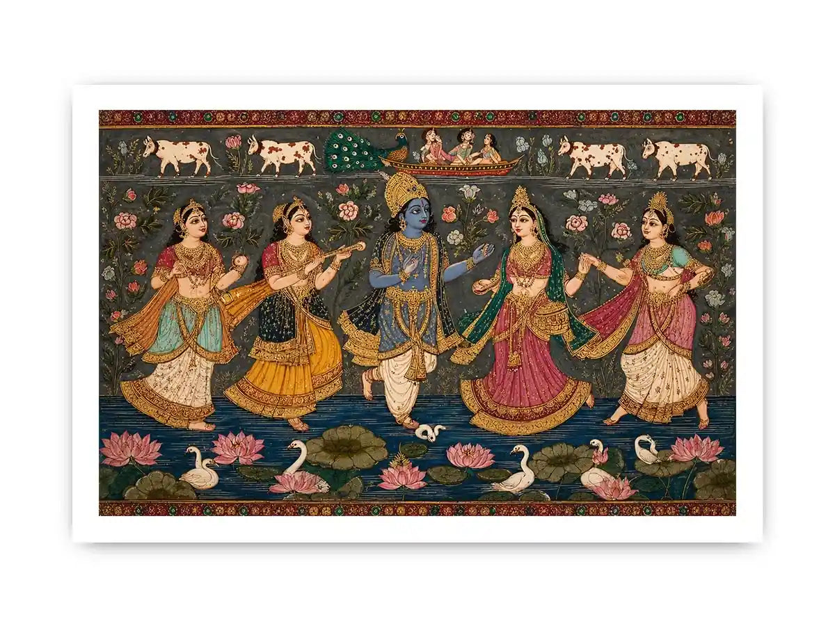 Indian miniature Krishna Raas Leela painting with gopis dancing, lotus pond, traditional spiritual wall art canvas for home decor