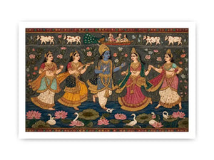 Indian miniature Krishna Raas Leela painting with gopis dancing, lotus pond, traditional spiritual wall art canvas for home decor