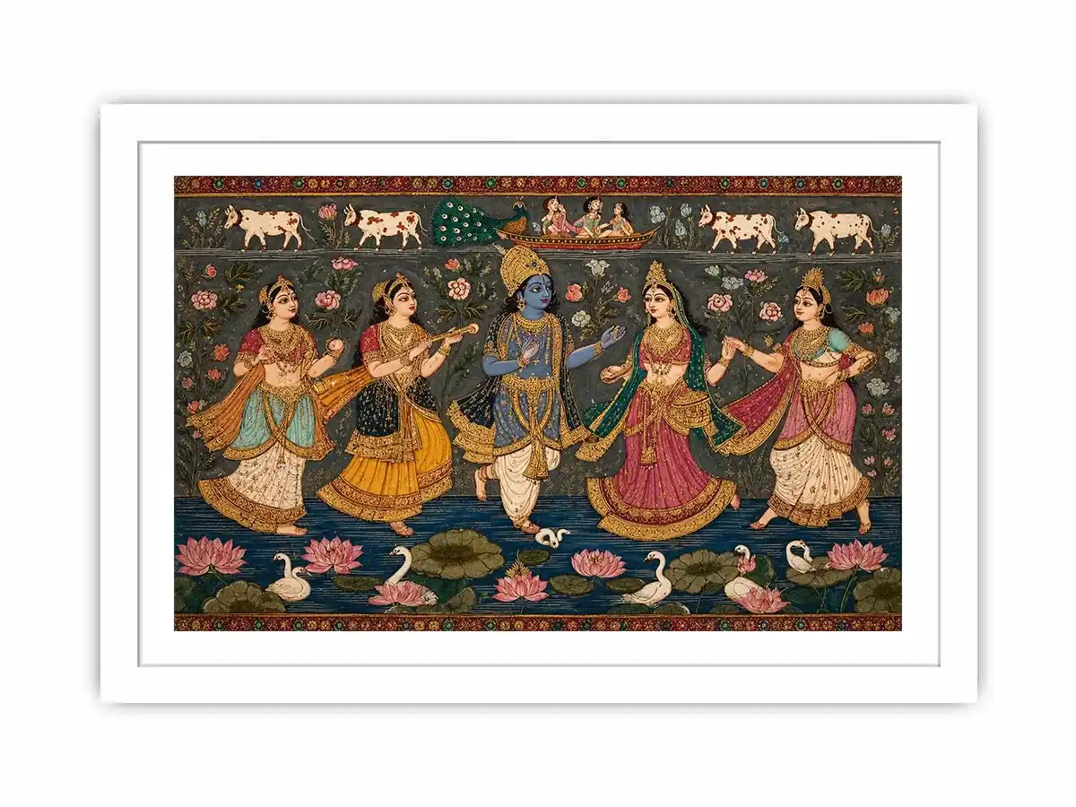 Indian miniature Krishna Raas Leela painting with gopis dancing, lotus pond, traditional spiritual wall art canvas for home decor