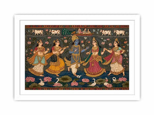 Indian miniature Krishna Raas Leela painting with gopis dancing, lotus pond, traditional spiritual wall art canvas for home decor