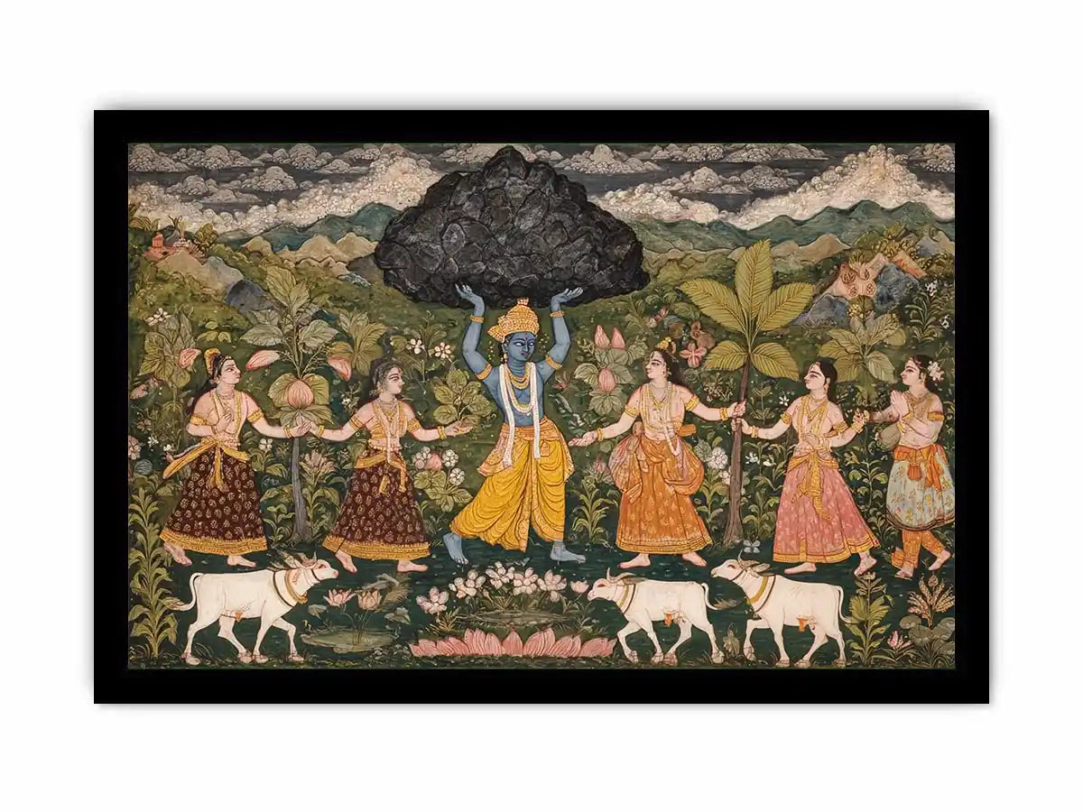 Luxury  Krishna Govardhan painting canvas wall art for living room decor USA premium traditional Indian mythology artwork