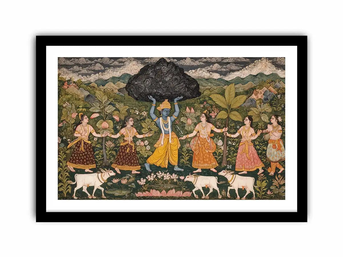 Luxury  Krishna Govardhan painting canvas wall art for living room decor USA premium traditional Indian mythology artwork