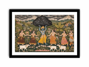 Luxury  Krishna Govardhan painting canvas wall art for living room decor USA premium traditional Indian mythology artwork