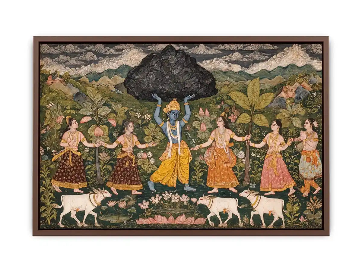Luxury  Krishna Govardhan painting canvas wall art for living room decor USA premium traditional Indian mythology artwork