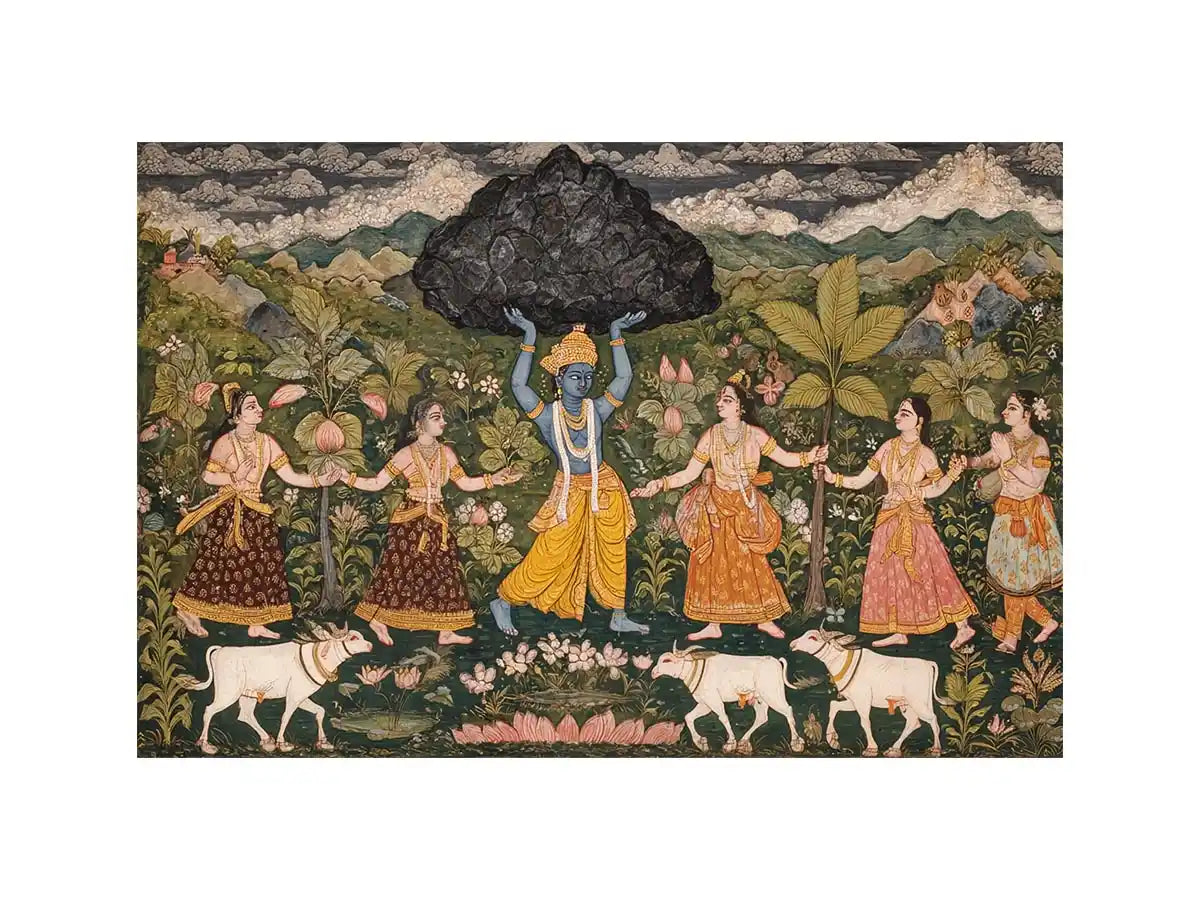 Luxury  Krishna Govardhan painting canvas wall art for living room decor USA premium traditional Indian mythology artwork