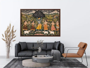 Luxury  Krishna Govardhan painting canvas wall art for living room decor USA premium traditional Indian mythology artwork
