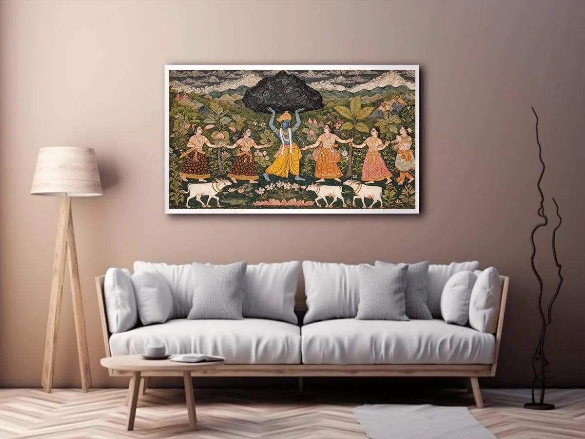 Luxury  Krishna Govardhan painting canvas wall art for living room decor USA premium traditional Indian mythology artwork