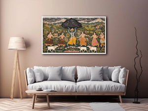 Luxury  Krishna Govardhan painting canvas wall art for living room decor USA premium traditional Indian mythology artwork