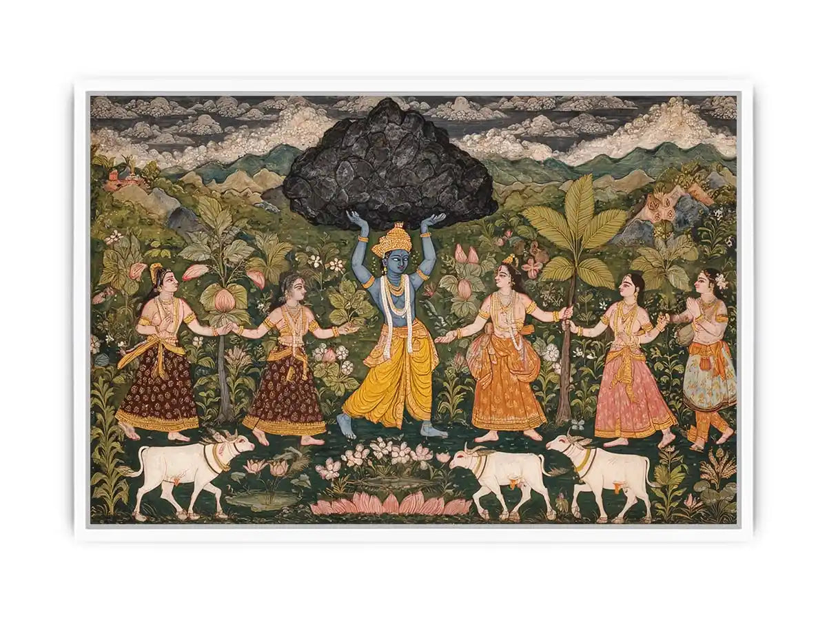 Luxury  Krishna Govardhan painting canvas wall art for living room decor USA premium traditional Indian mythology artwork