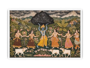 Luxury  Krishna Govardhan painting canvas wall art for living room decor USA premium traditional Indian mythology artwork