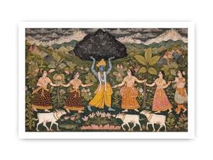 Luxury  Krishna Govardhan painting canvas wall art for living room decor USA premium traditional Indian mythology artwork