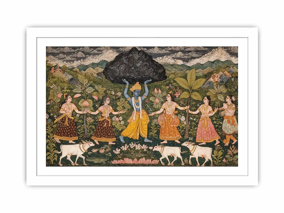 Luxury  Krishna Govardhan painting canvas wall art for living room decor USA premium traditional Indian mythology artwork