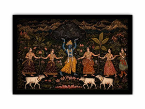 Luxury dark Krishna Govardhan painting canvas wall art for living room decor USA premium traditional Indian mythology artwork