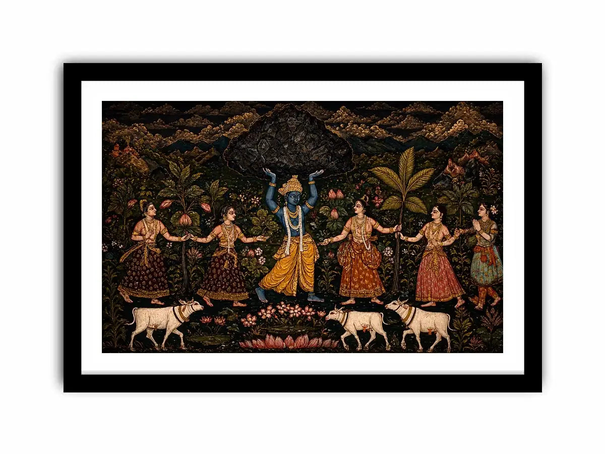 Luxury dark Krishna Govardhan painting canvas wall art for living room decor USA premium traditional Indian mythology artwork