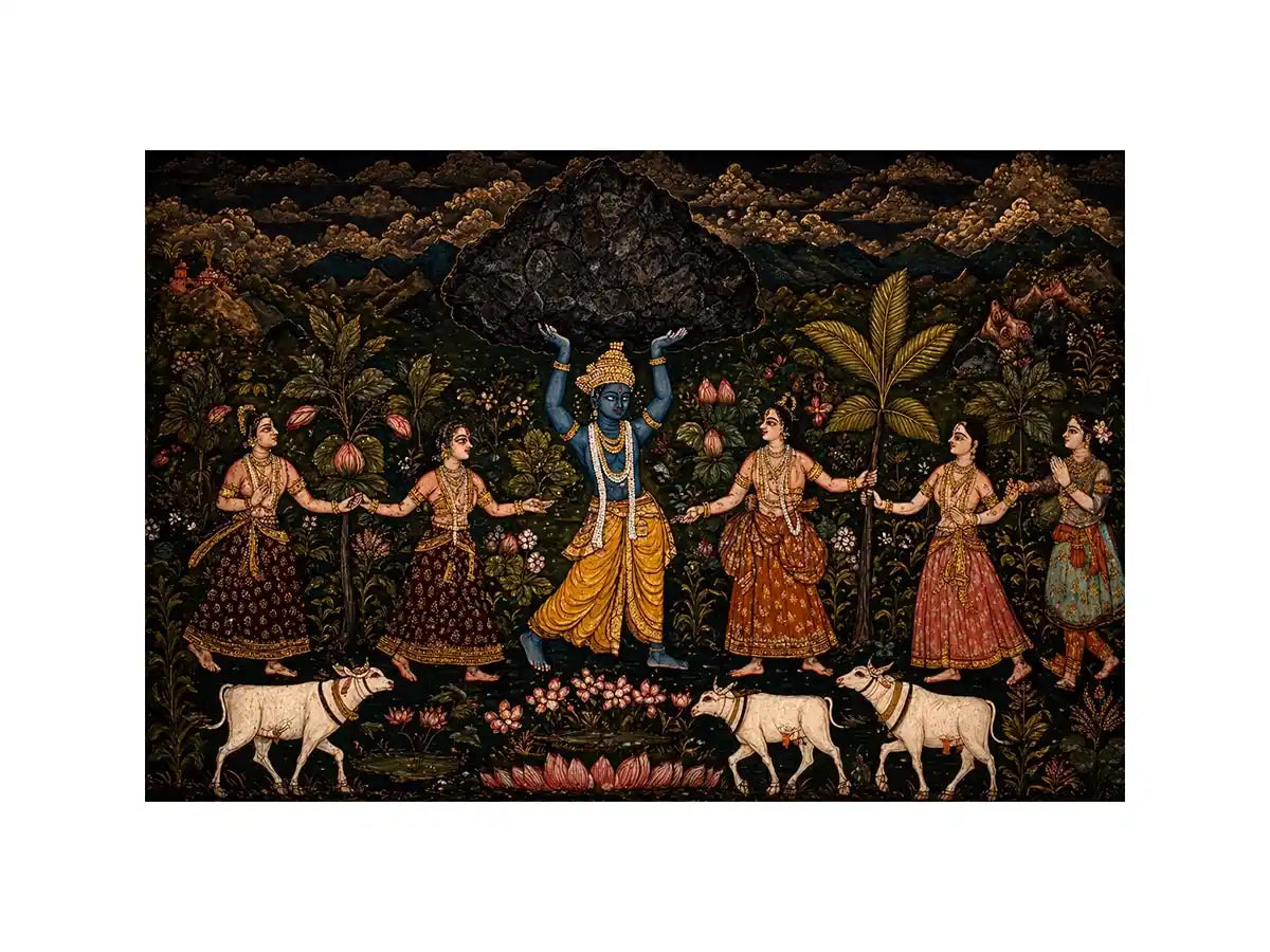 Luxury dark Krishna Govardhan painting canvas wall art for living room decor USA premium traditional Indian mythology artwork