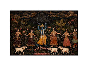 Luxury dark Krishna Govardhan painting canvas wall art for living room decor USA premium traditional Indian mythology artwork