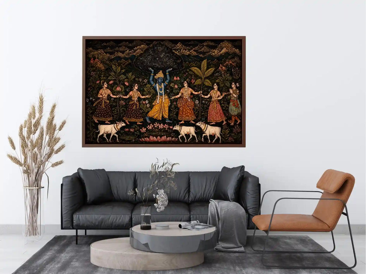 Luxury dark Krishna Govardhan painting canvas wall art for living room decor USA premium traditional Indian mythology artwork