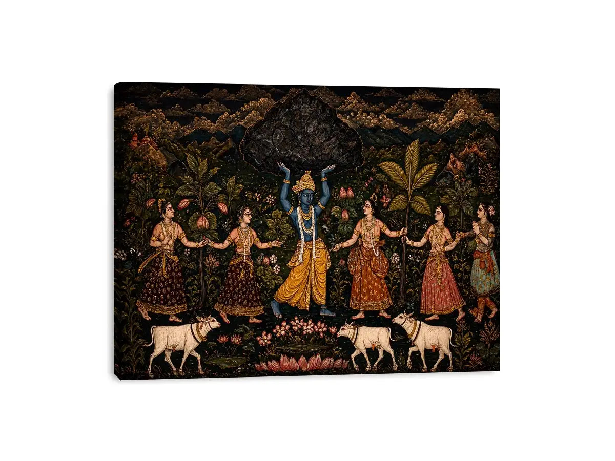 Luxury dark Krishna Govardhan painting canvas wall art for living room decor USA premium traditional Indian mythology artwork