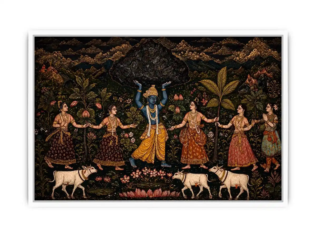 Luxury dark Krishna Govardhan painting canvas wall art for living room decor USA premium traditional Indian mythology artwork