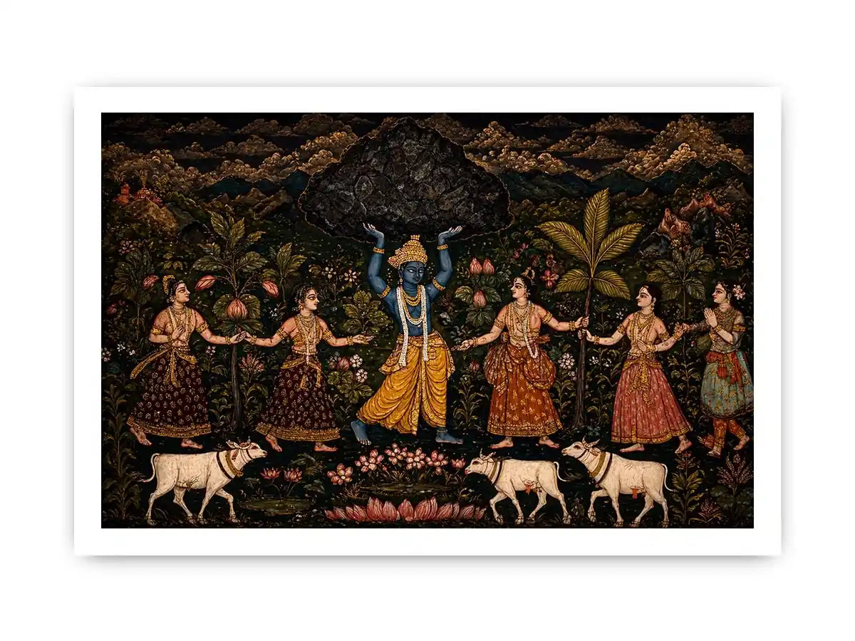 Luxury dark Krishna Govardhan painting canvas wall art for living room decor USA premium traditional Indian mythology artwork
