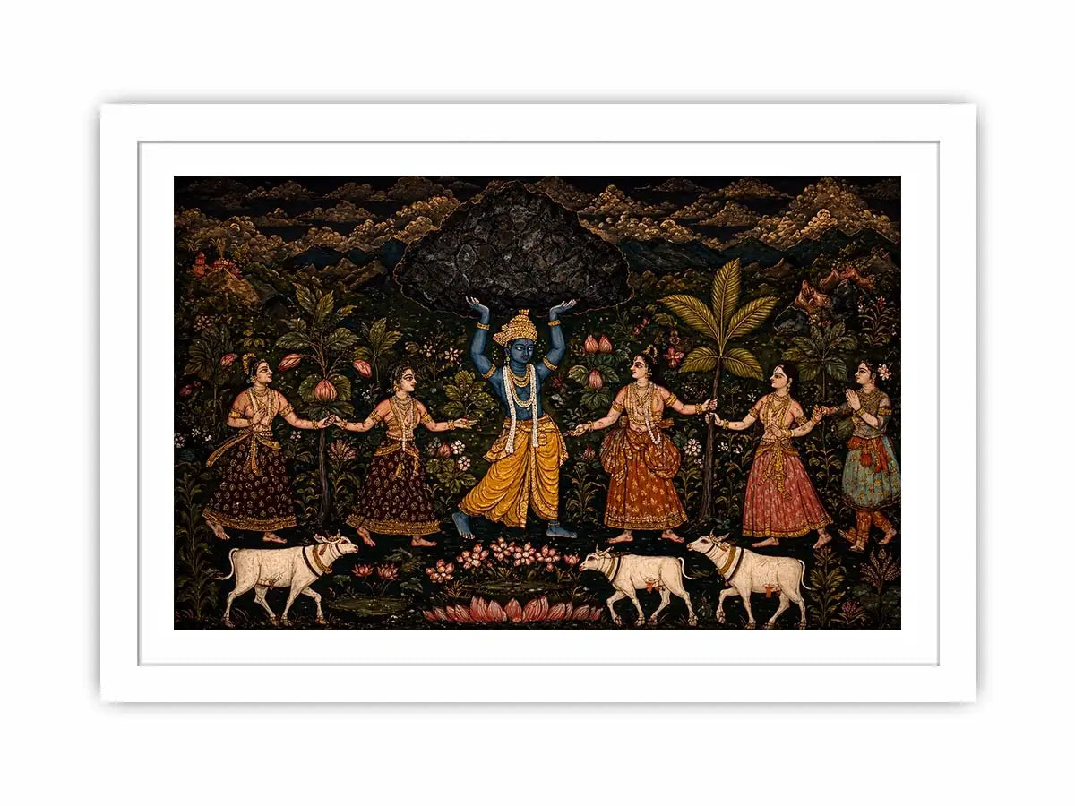 Luxury dark Krishna Govardhan painting canvas wall art for living room decor USA premium traditional Indian mythology artwork