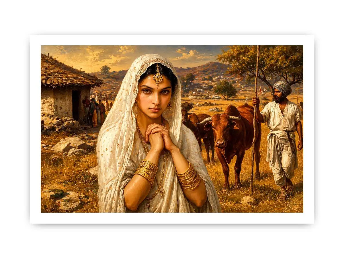 Indian village woman portrait wall art traditional cultural canvas earthy tones decor