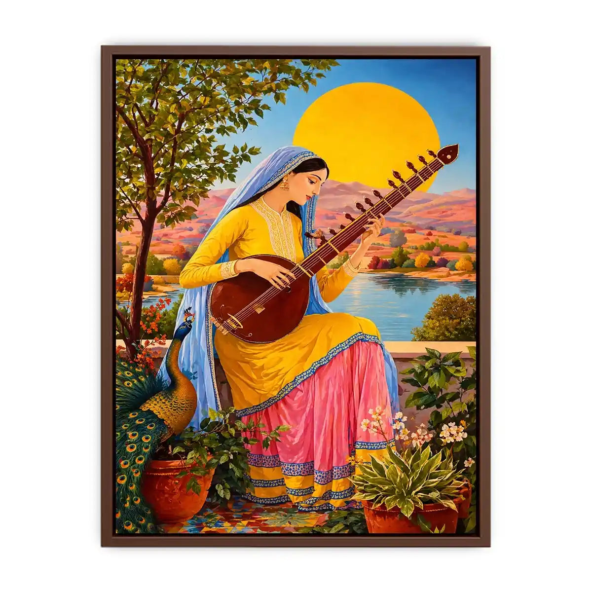 Indian woman playing sitar sunset wall art boho colorful cultural canvas decor