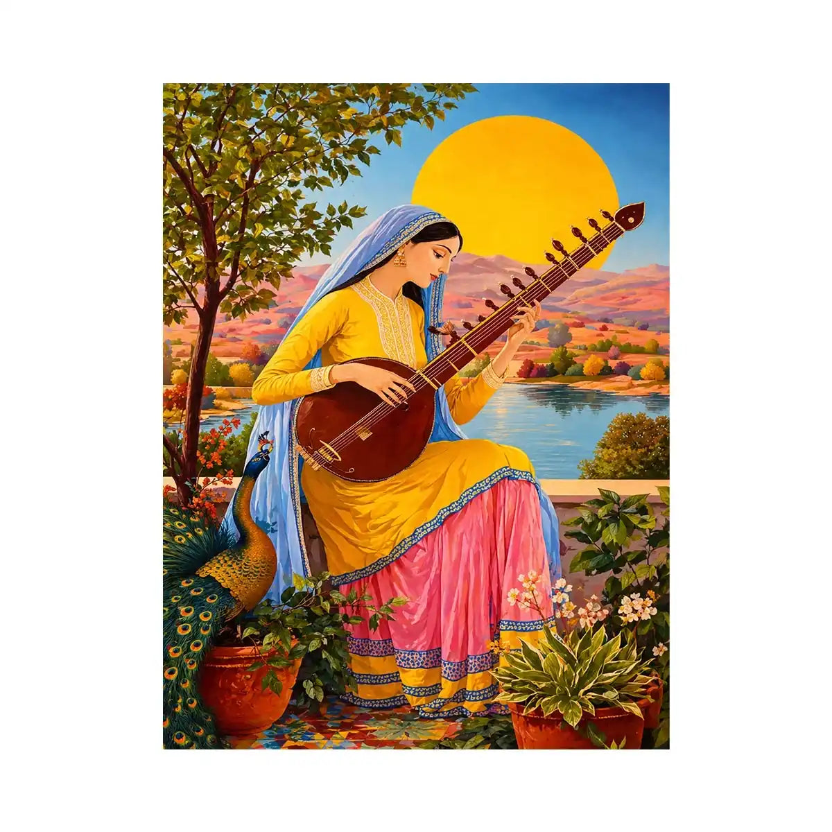 Indian woman playing sitar sunset wall art boho colorful cultural canvas decor