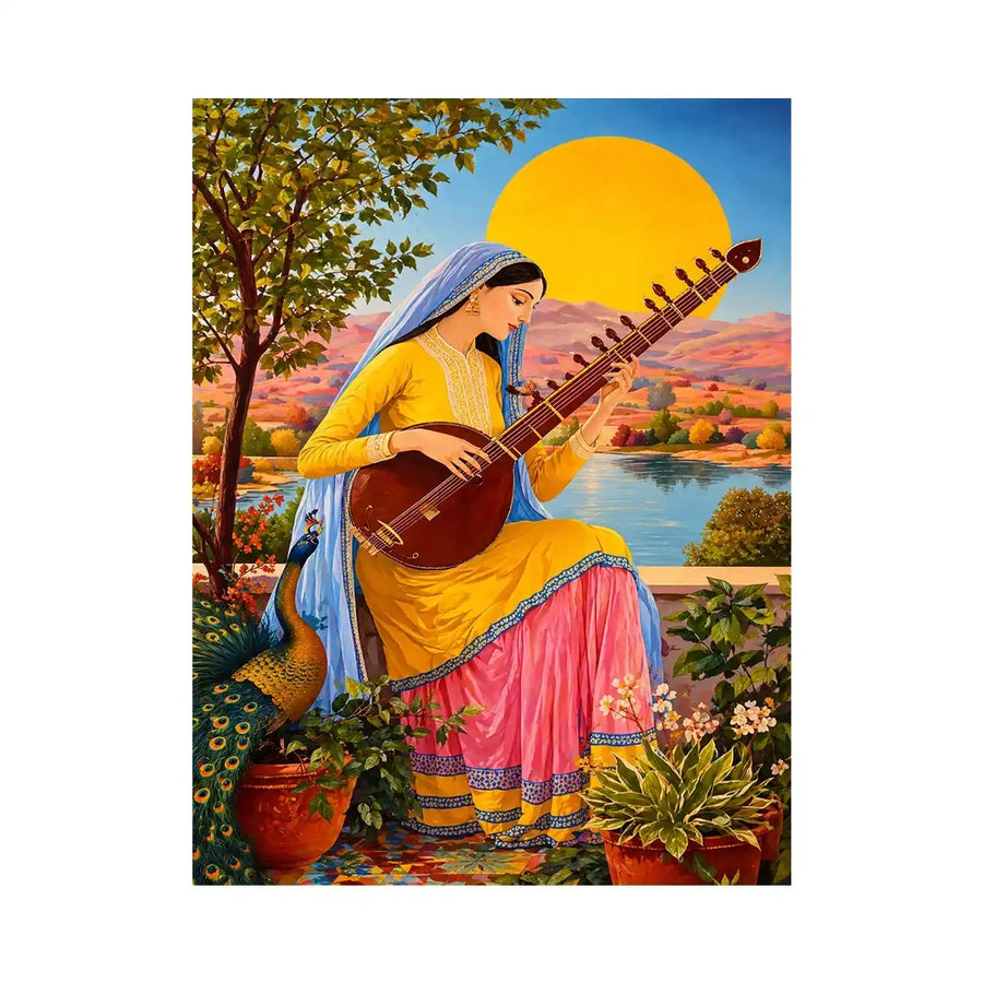 Indian woman playing sitar sunset wall art boho colorful cultural canvas decor