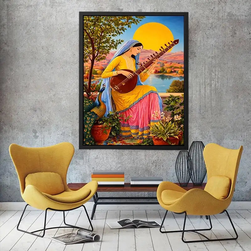 Indian woman playing sitar sunset wall art boho colorful cultural canvas decor