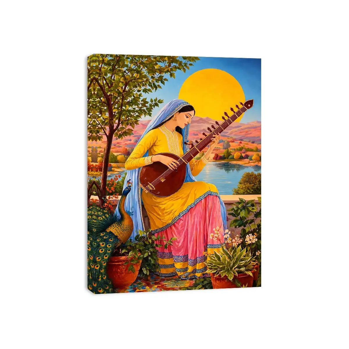 Indian woman playing sitar sunset wall art boho colorful cultural canvas decor