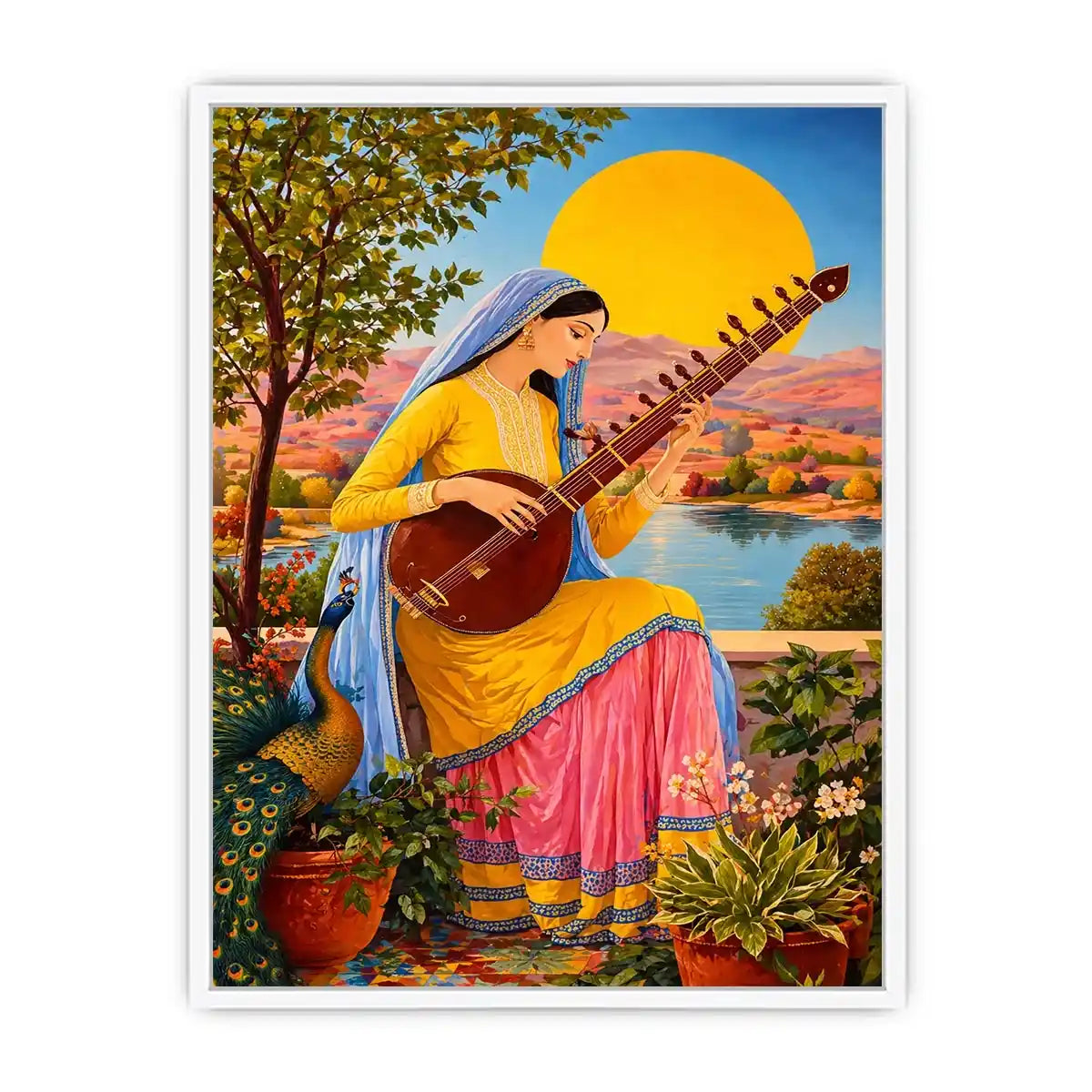 Indian woman playing sitar sunset wall art boho colorful cultural canvas decor