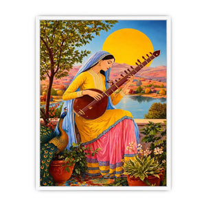 Indian woman playing sitar sunset wall art boho colorful cultural canvas decor