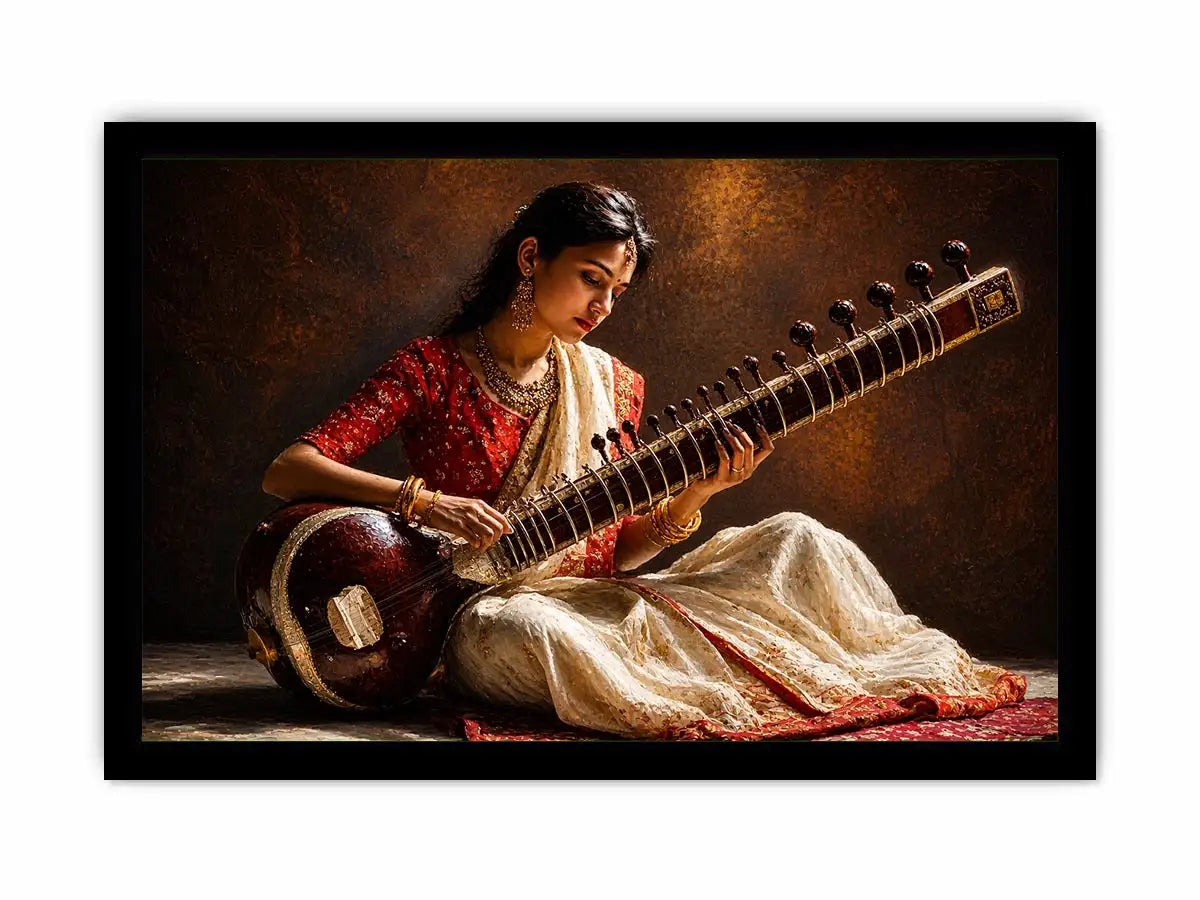 indian sitar player wall art classical music painting cultural canvas decor