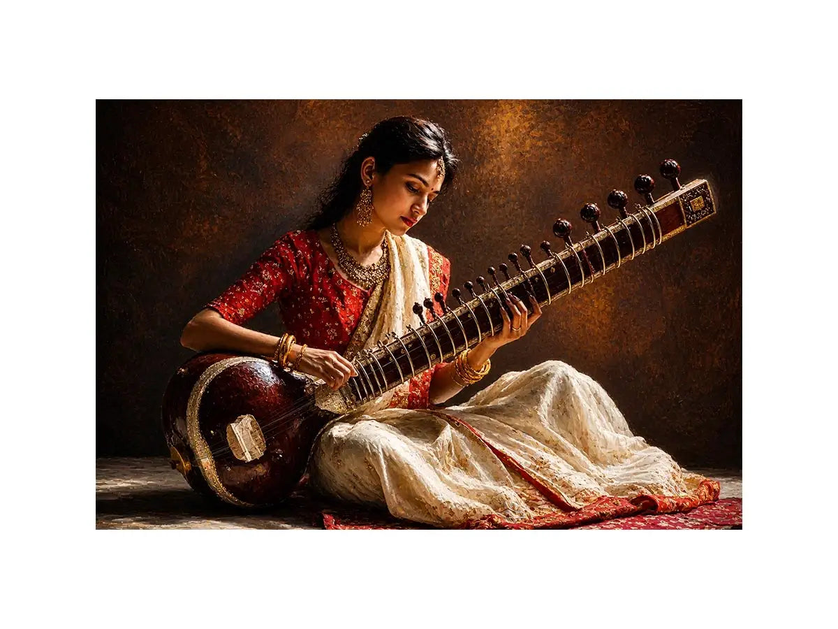 indian sitar player wall art classical music painting cultural canvas decor