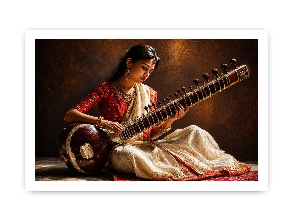 indian sitar player wall art classical music painting cultural canvas decor