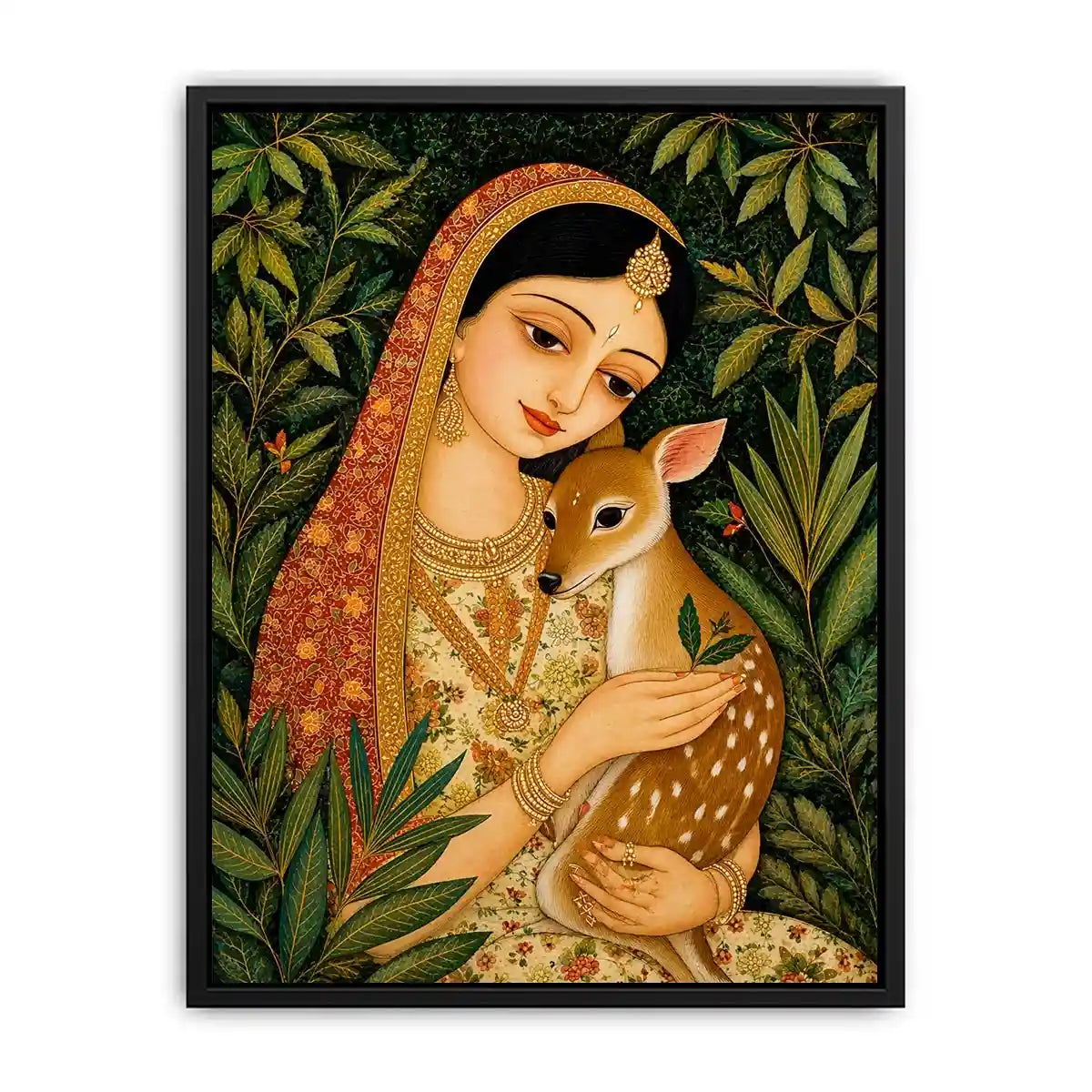 Indian miniature painting woman holding deer in forest serene traditional art wall decor